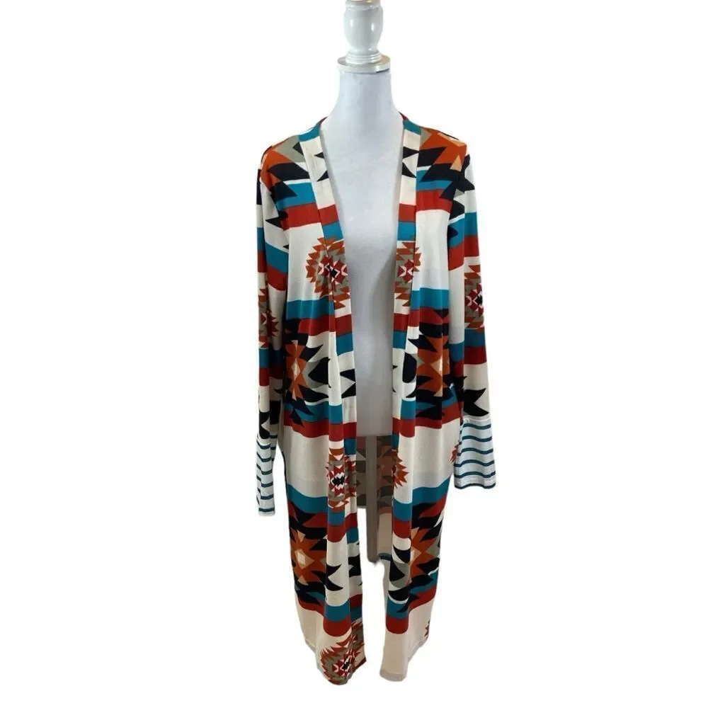 Ladies One Eleven‎ North Brand Aztec Print Long Duster Open Front Sweater Medium